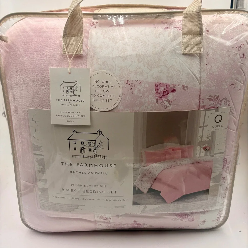 The Farmhouse by Rachel Ashwell Queen 8 Piece Bedding Set Pink Floral Reversible